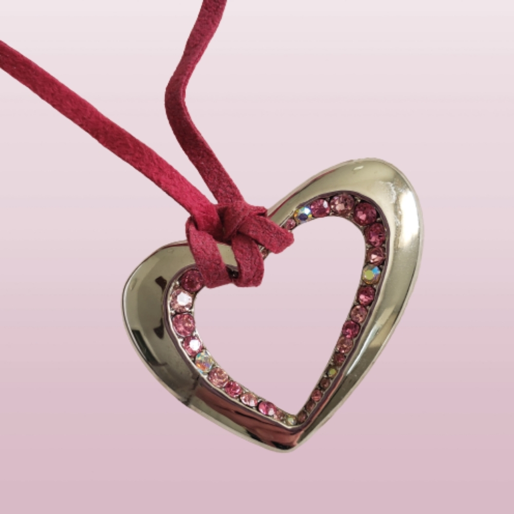 Pink Heart Necklace with Ribbon Chain